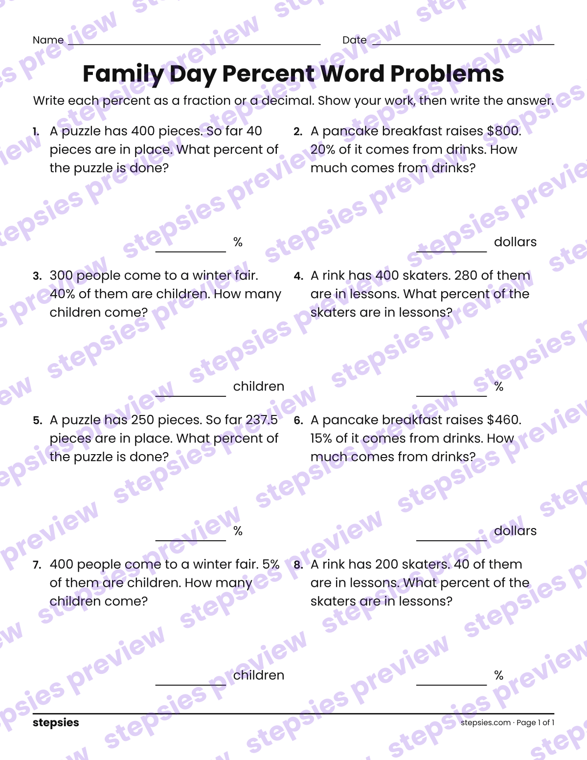 Family Day Percent Word Problems: page 1 of a printable Grade 6 Math worksheet
