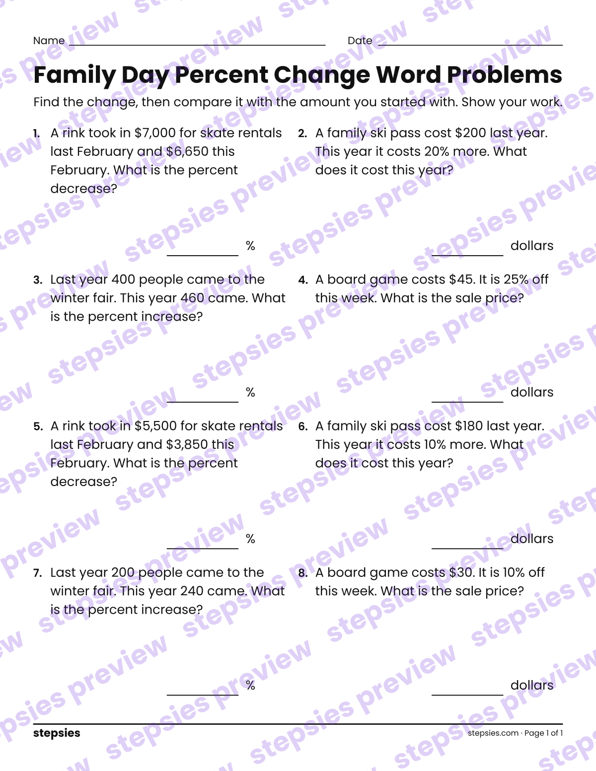 Family Day Percent Change Word Problems: page 1 of a printable Grade 7 Math worksheet