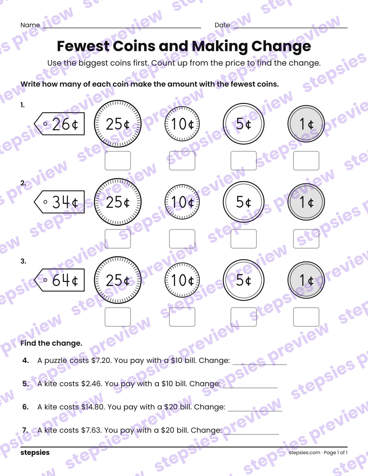 Fewest Coins and Making Change: page 1 of a printable Grade 4 Math worksheet
