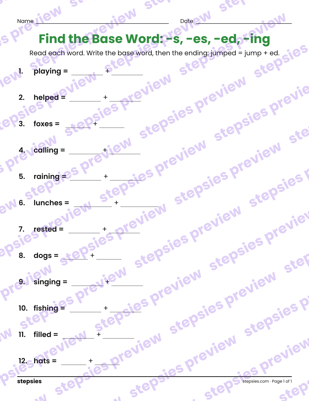 Find the Base Word: -s, -es, -ed, -ing: page 1 of a printable Grade 1 Language worksheet