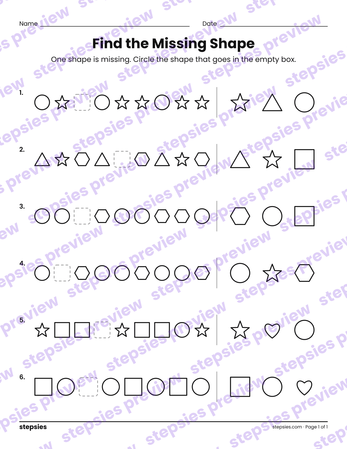 Find the Missing Shape: page 1 of a printable Kindergarten and Grade 1 Math worksheet