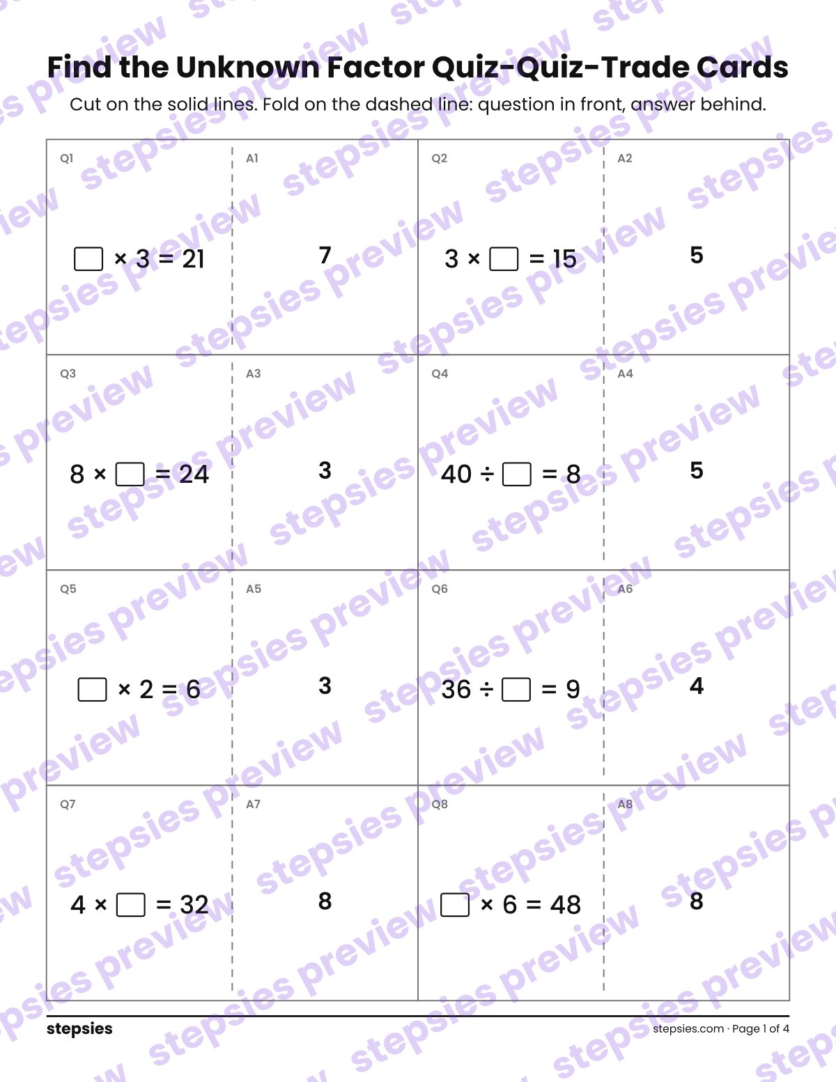 Find the Unknown Factor: Quiz-Quiz-Trade Cards: page 1 of a printable Grade 3 Math worksheet