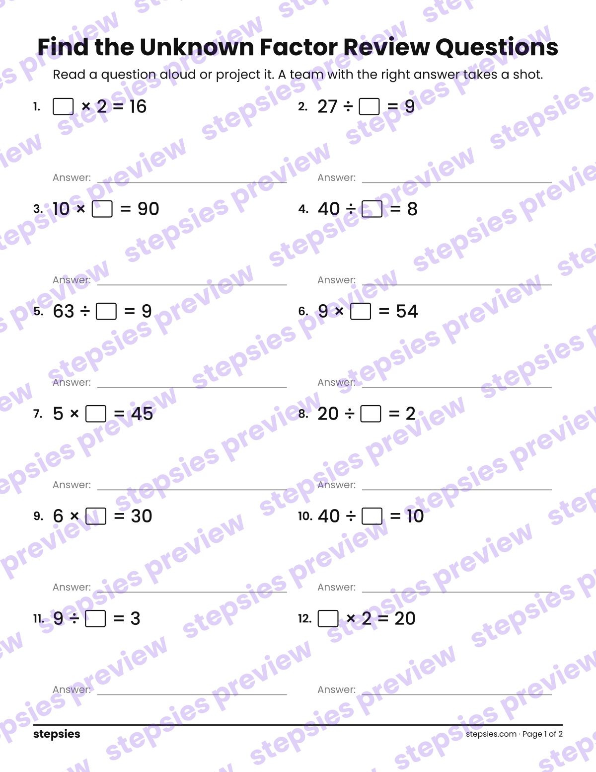 Find the Unknown Factor: Trashketball Review Questions: page 1 of a printable Grade 3 Math worksheet
