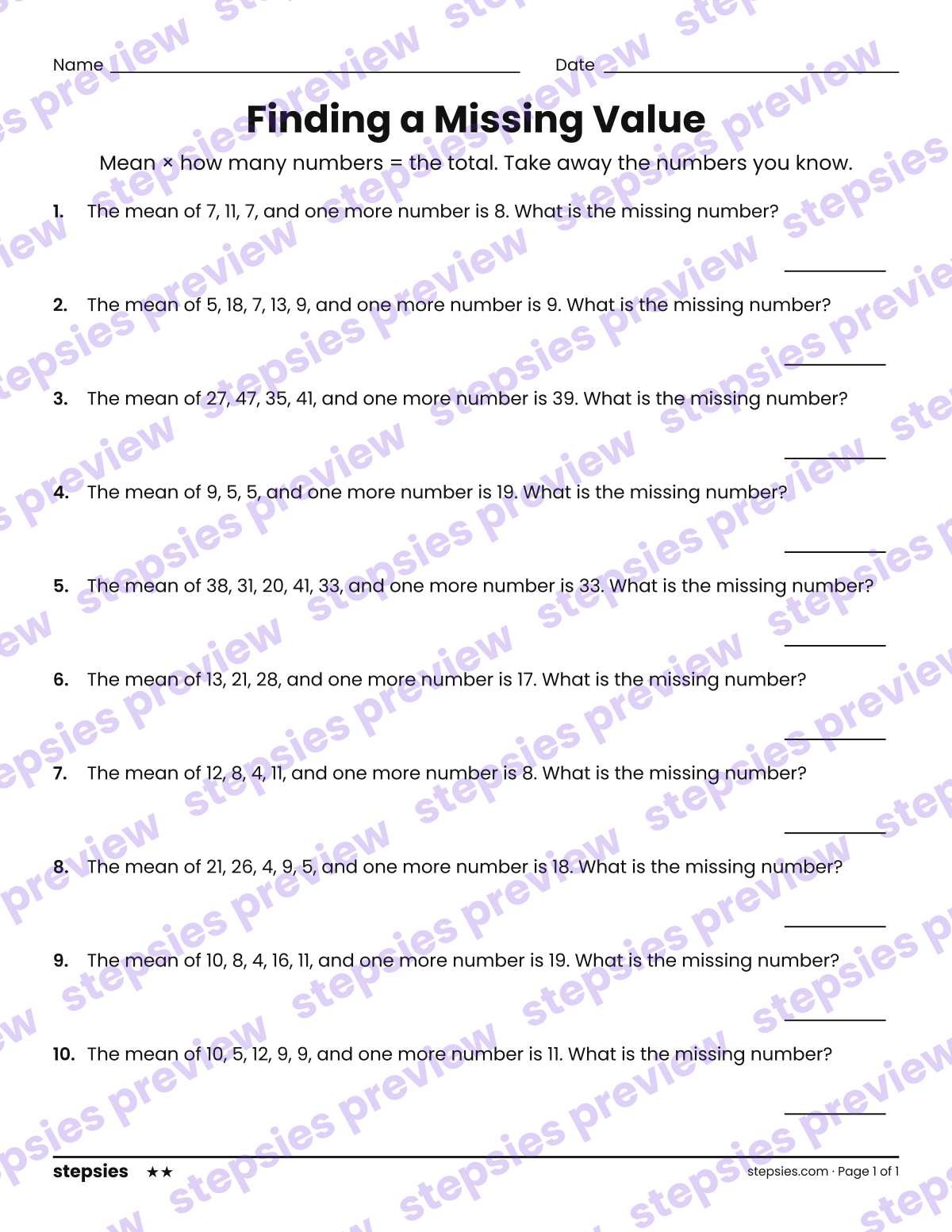 Finding a Missing Value: page 1 of a printable Grades 6 and 7 Math worksheet