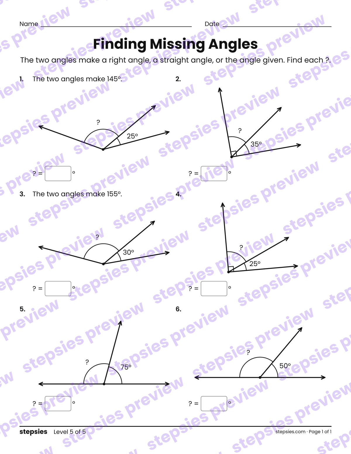 Finding Missing Angles: page 1 of a printable Grades 4 and 5 Math worksheet