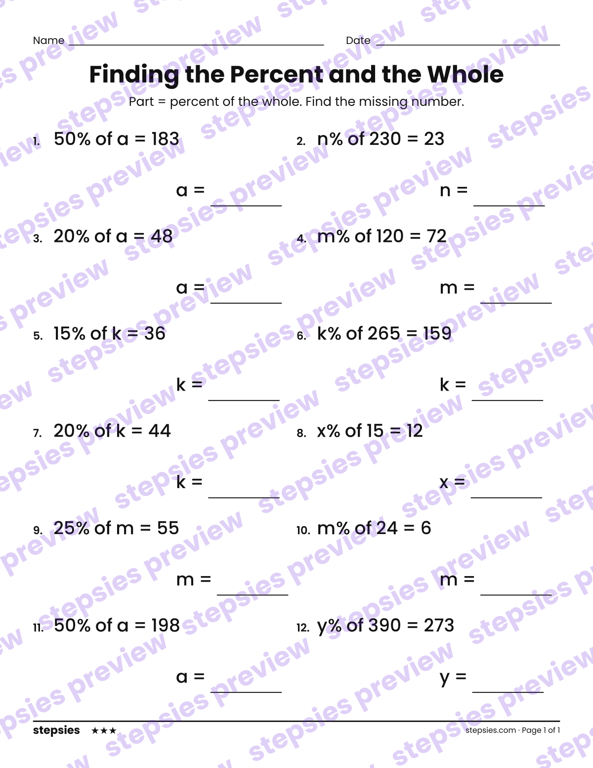 Finding the Percent and the Whole: page 1 of a printable Grade 6 Math worksheet