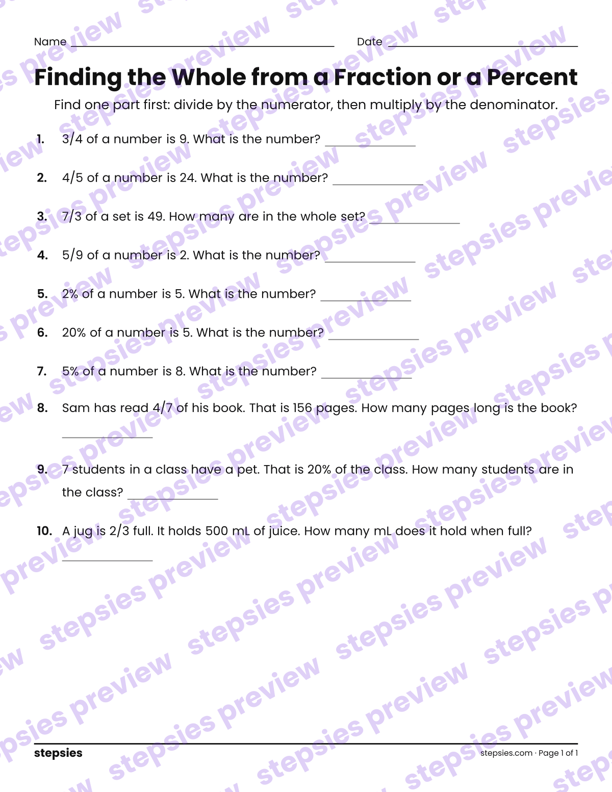 Finding the Whole from a Fraction or a Percent: page 1 of a printable Grades 6 and 7 Math worksheet