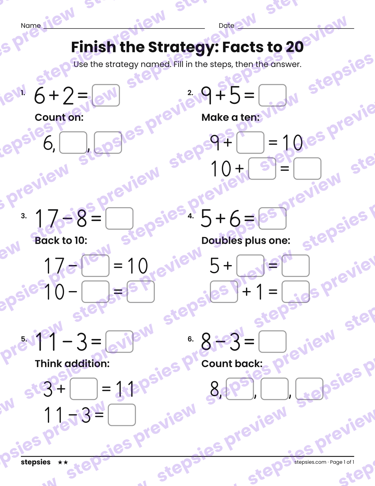 Finish the Strategy: Facts to 20: page 1 of a printable Grade 1 Math worksheet