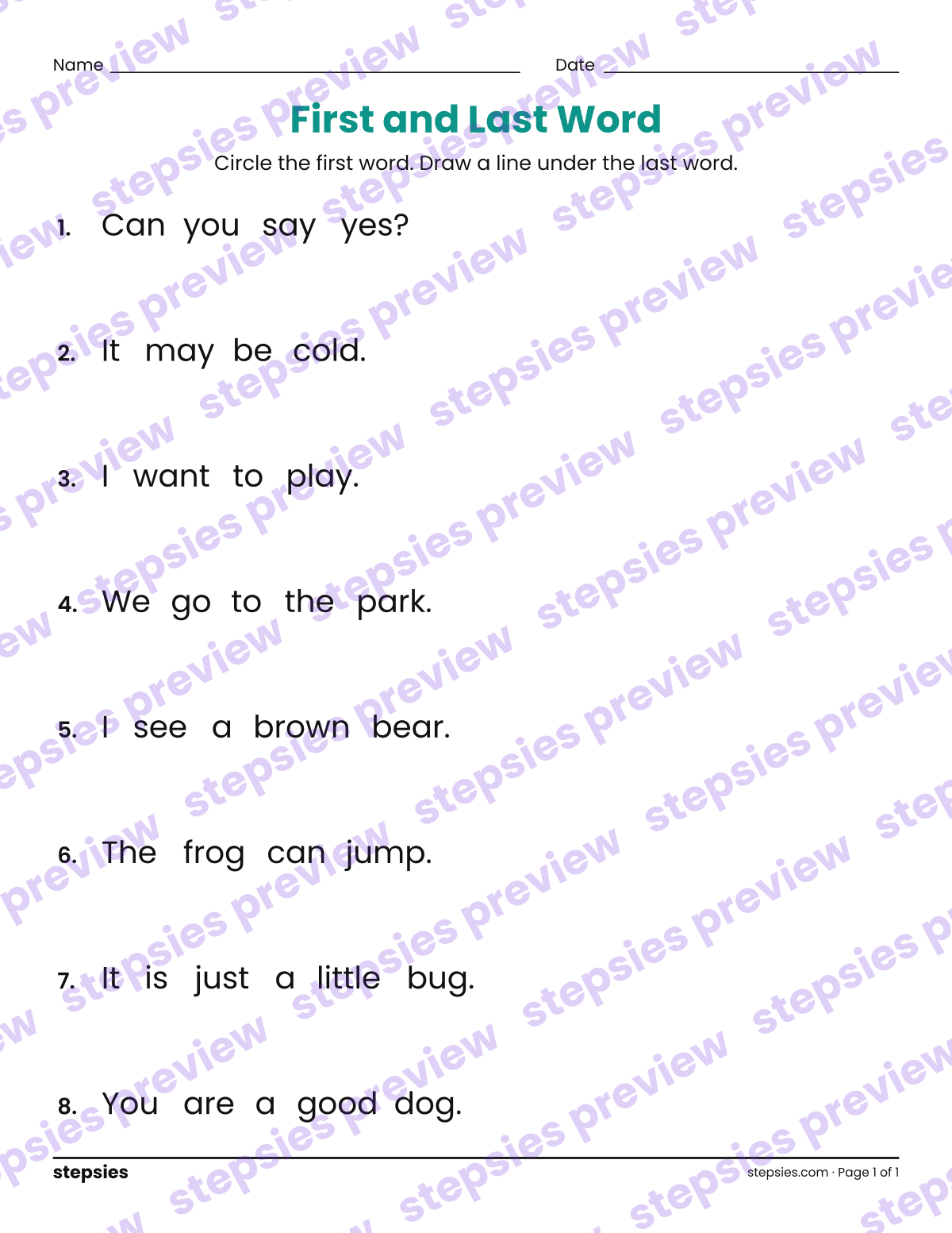 The First Word and the Last Word: page 1 of a printable Kindergarten and Grade 1 Language worksheet