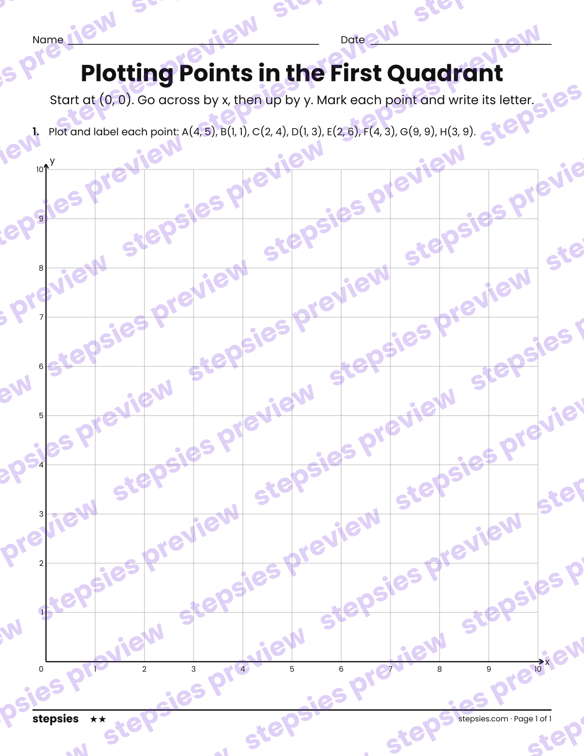 Plotting Points in the First Quadrant: page 1 of a printable Grade 5 Math worksheet