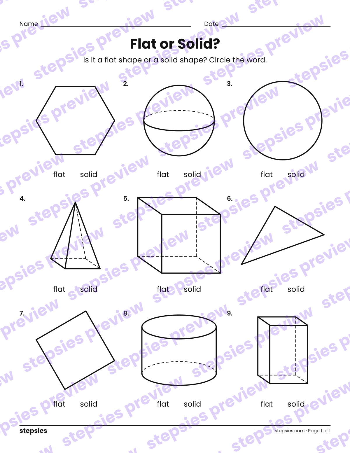 Flat or Solid?: page 1 of a printable Kindergarten Math worksheet