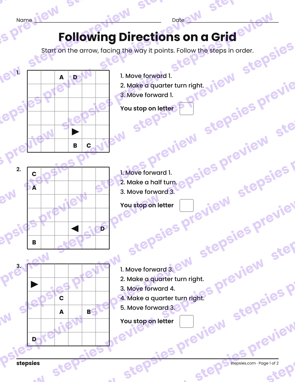 Following Directions on a Grid: page 1 of a printable Grade 3 Math worksheet