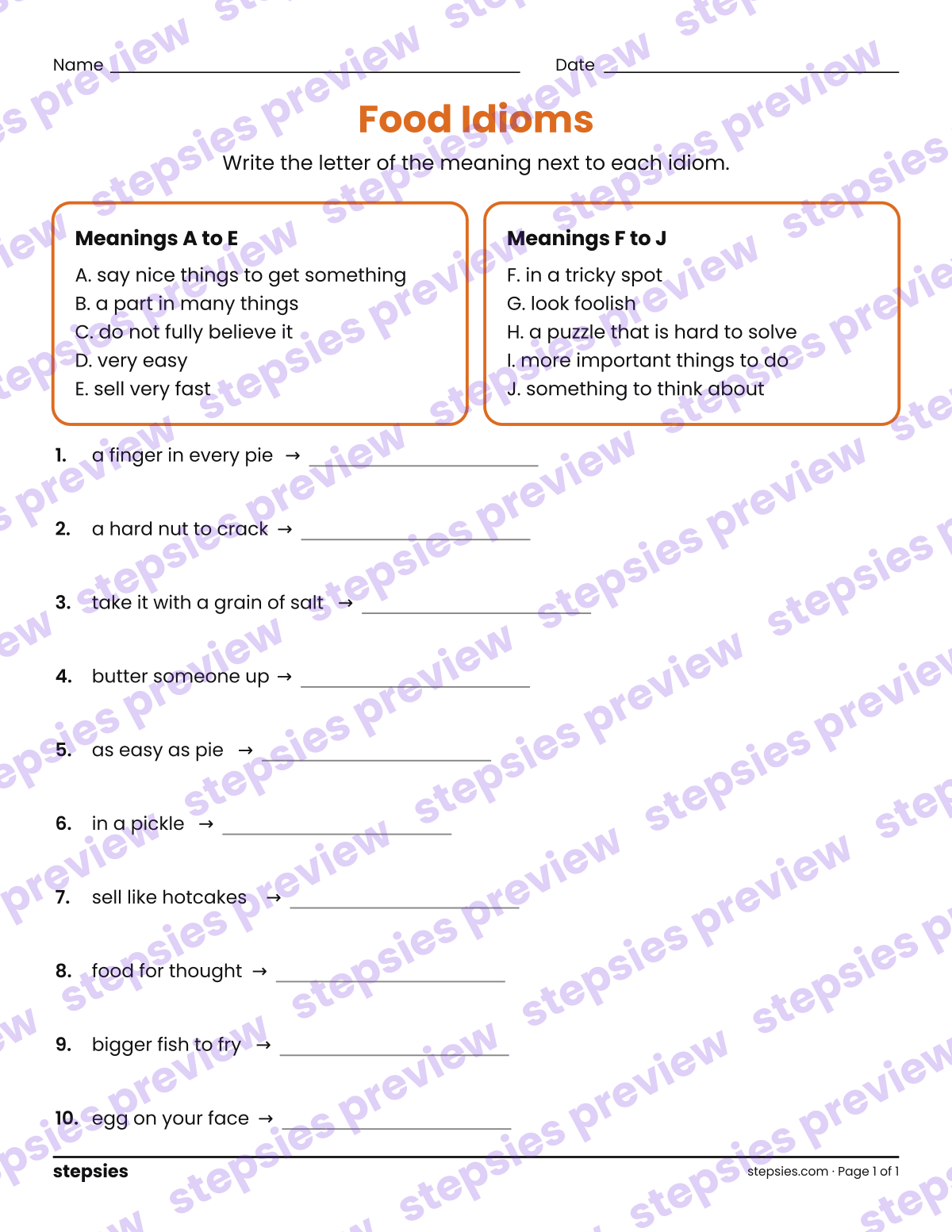 Food Idioms: page 1 of a printable Grades 3–6 Language worksheet