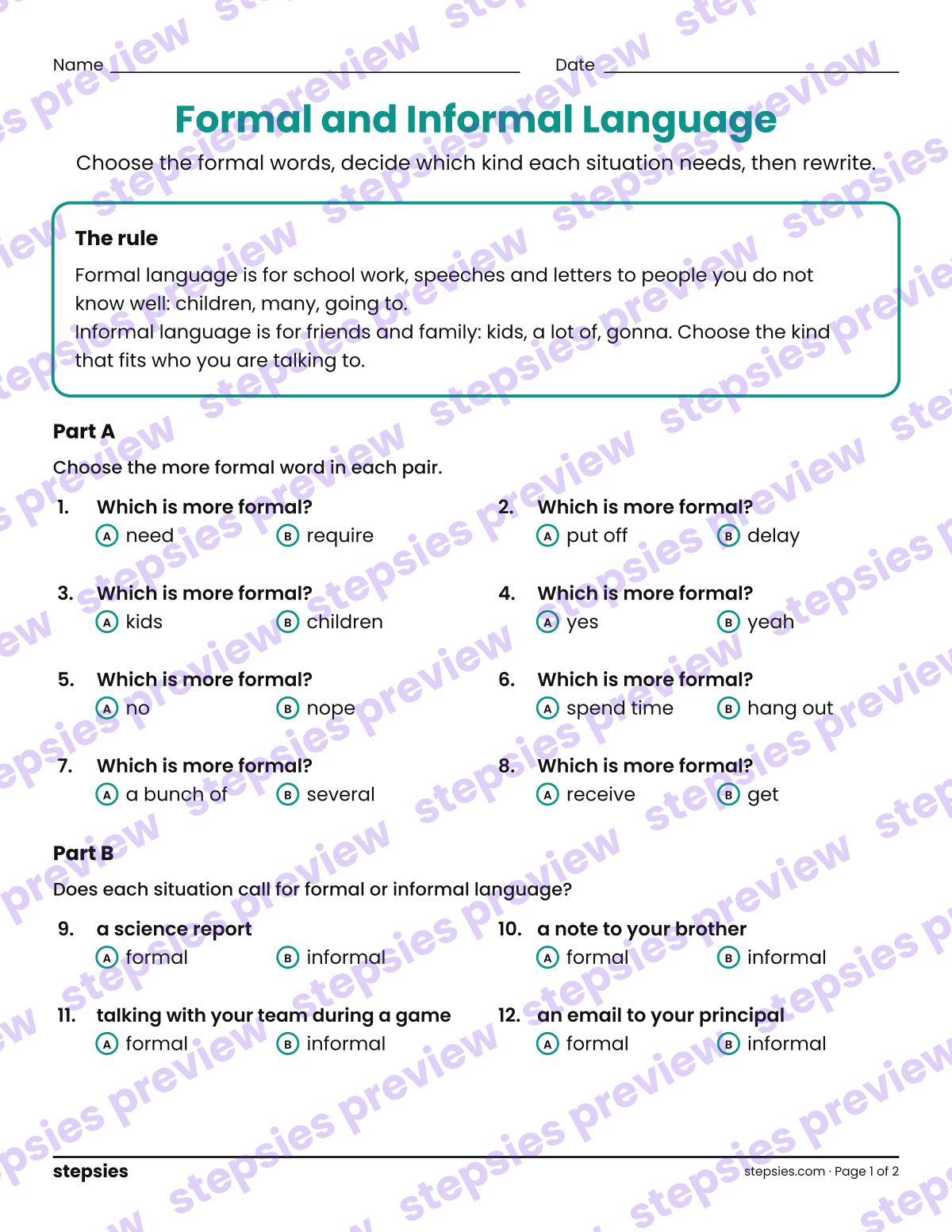 Formal and Informal Language: page 1 of a printable Grades 4 and 5 Language worksheet