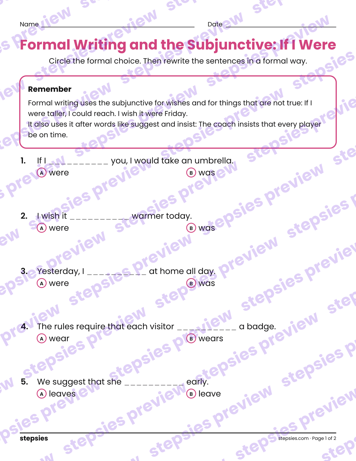 Formal Writing and the Subjunctive: If I Were: page 1 of a printable Grades 5 and 6 Language worksheet