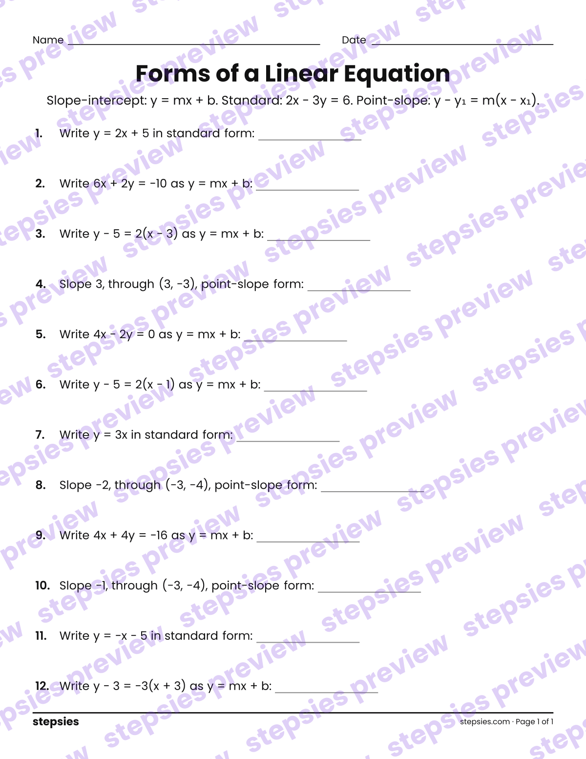 Forms of a Linear Equation: page 1 of a printable Grade 8 Math worksheet