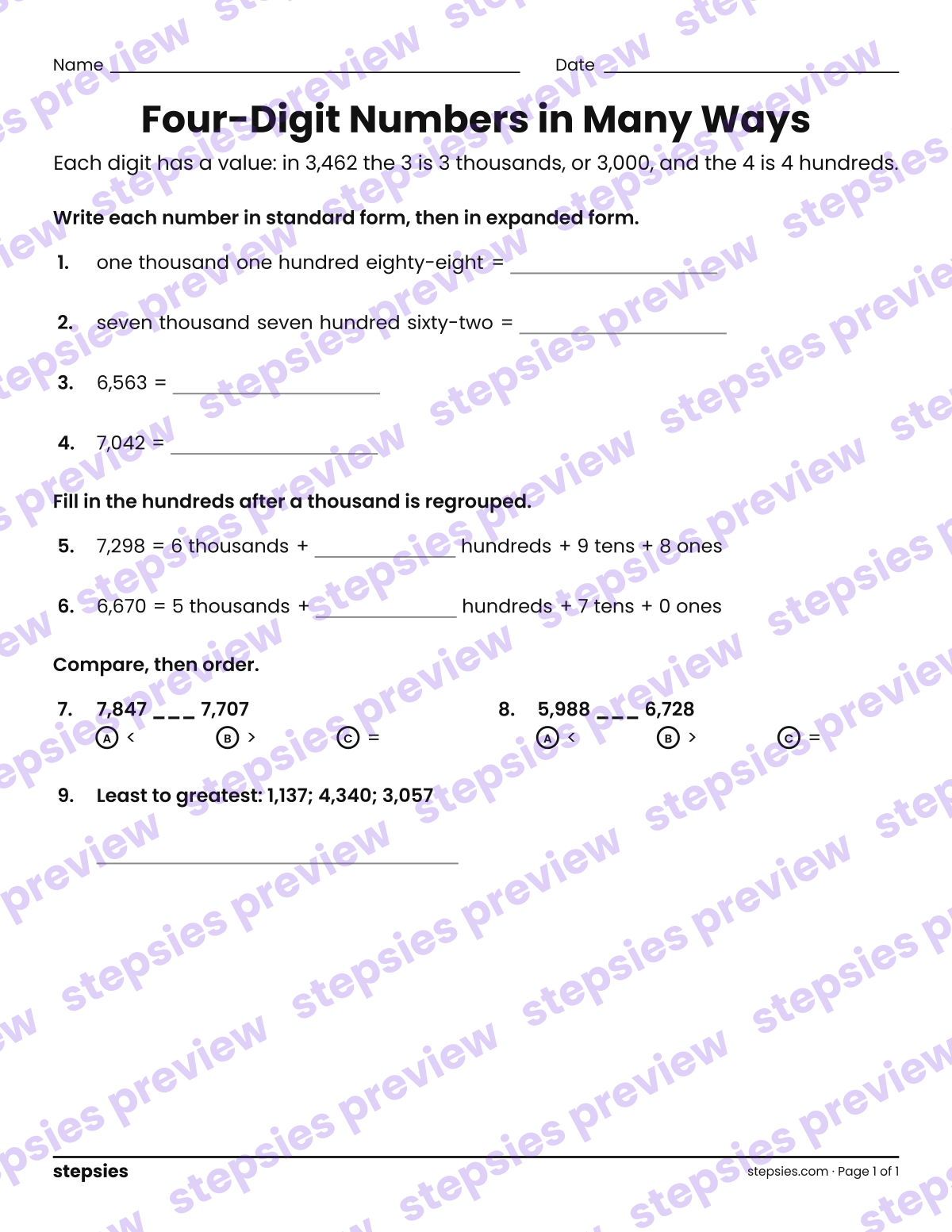 Four-Digit Numbers in Many Ways: page 1 of a printable Grade 3 Math worksheet