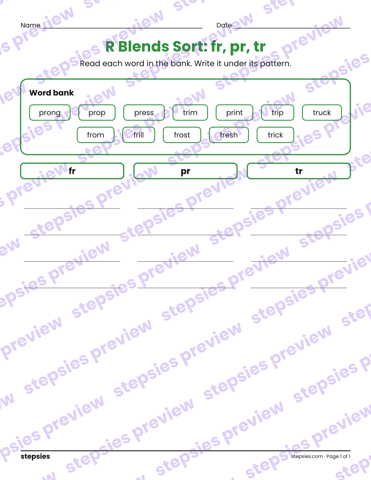 R Blends Sort: fr, pr, tr: page 1 of a printable Kindergarten and Grade 1 Language worksheet