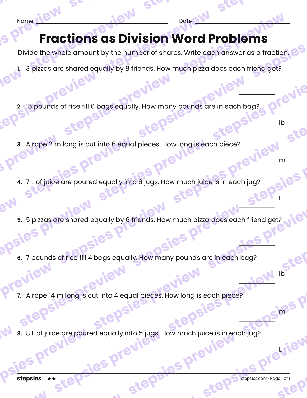 Fractions as Division Word Problems: page 1 of a printable Grade 5 Math worksheet