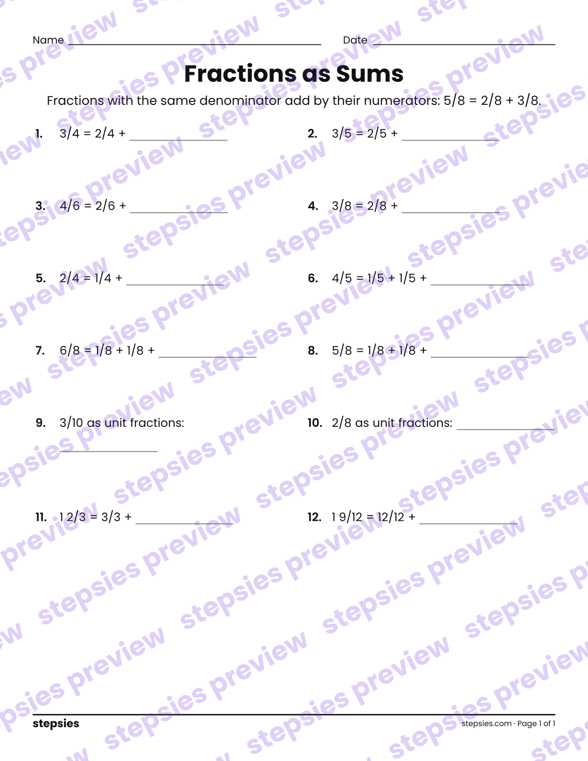 Fractions as Sums: page 1 of a printable Grade 4 Math worksheet