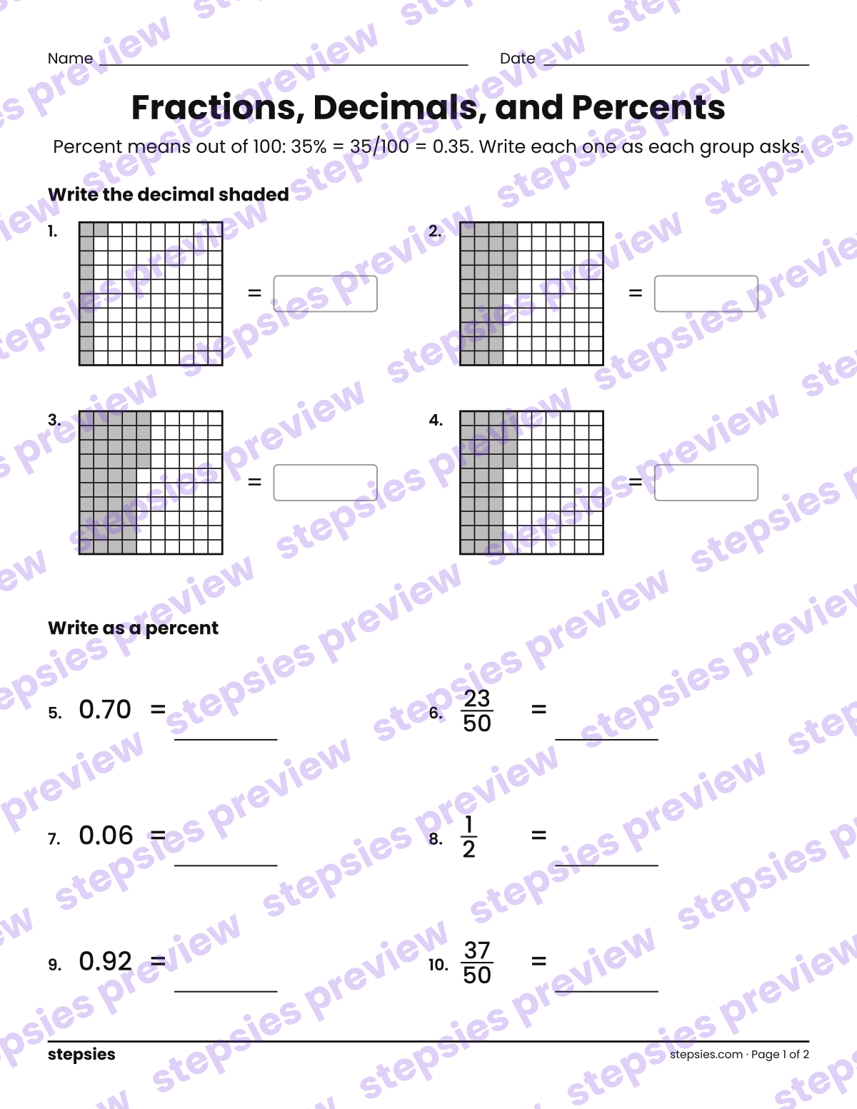 Fractions, Decimals, and Percents: page 1 of a printable Grade 5 Math worksheet