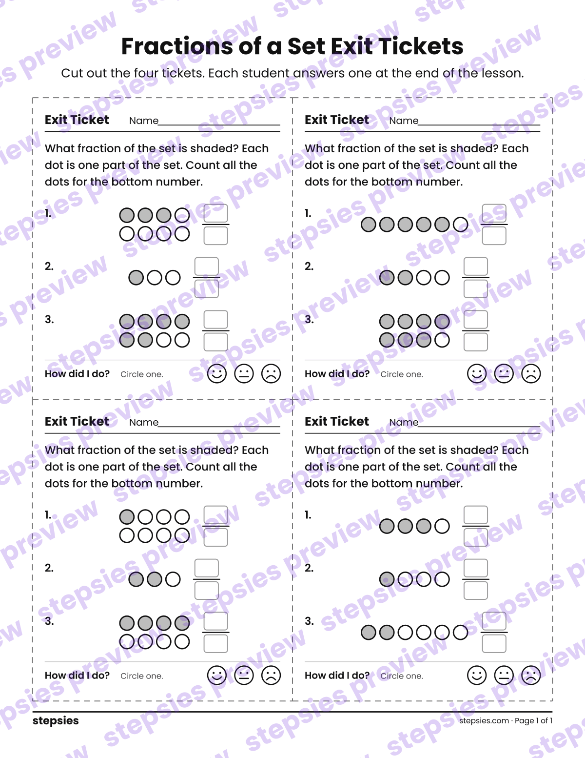 Fractions of a Set Exit Tickets: page 1 of a printable Grades 3 and 4 Math worksheet