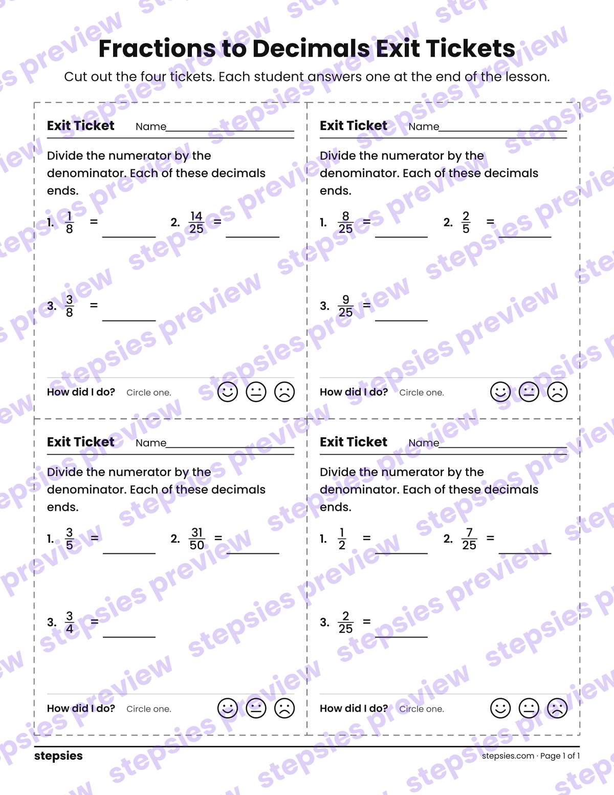 Fractions to Decimals Exit Tickets: page 1 of a printable Grade 7 Math worksheet