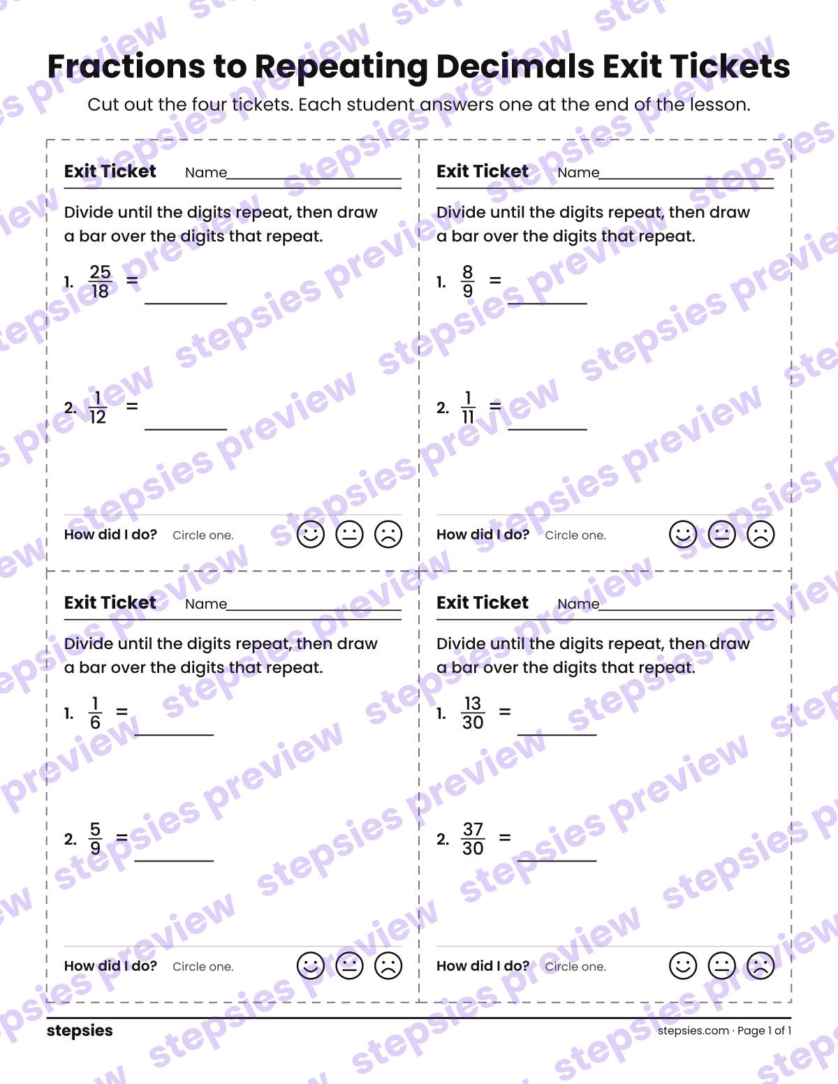 Fractions to Repeating Decimals Exit Tickets: page 1 of a printable Grade 7 Math worksheet
