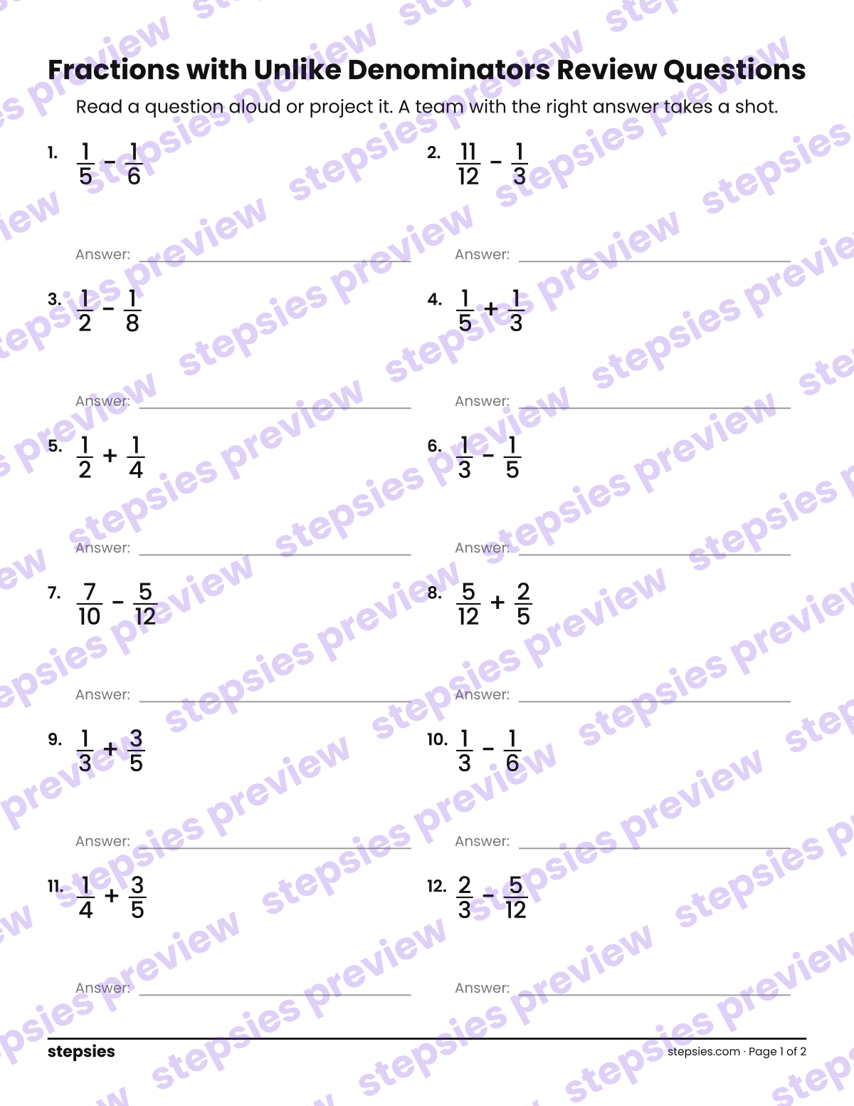 Fractions with Unlike Denominators: Trashketball Review Questions: page 1 of a printable Grade 5 Math worksheet