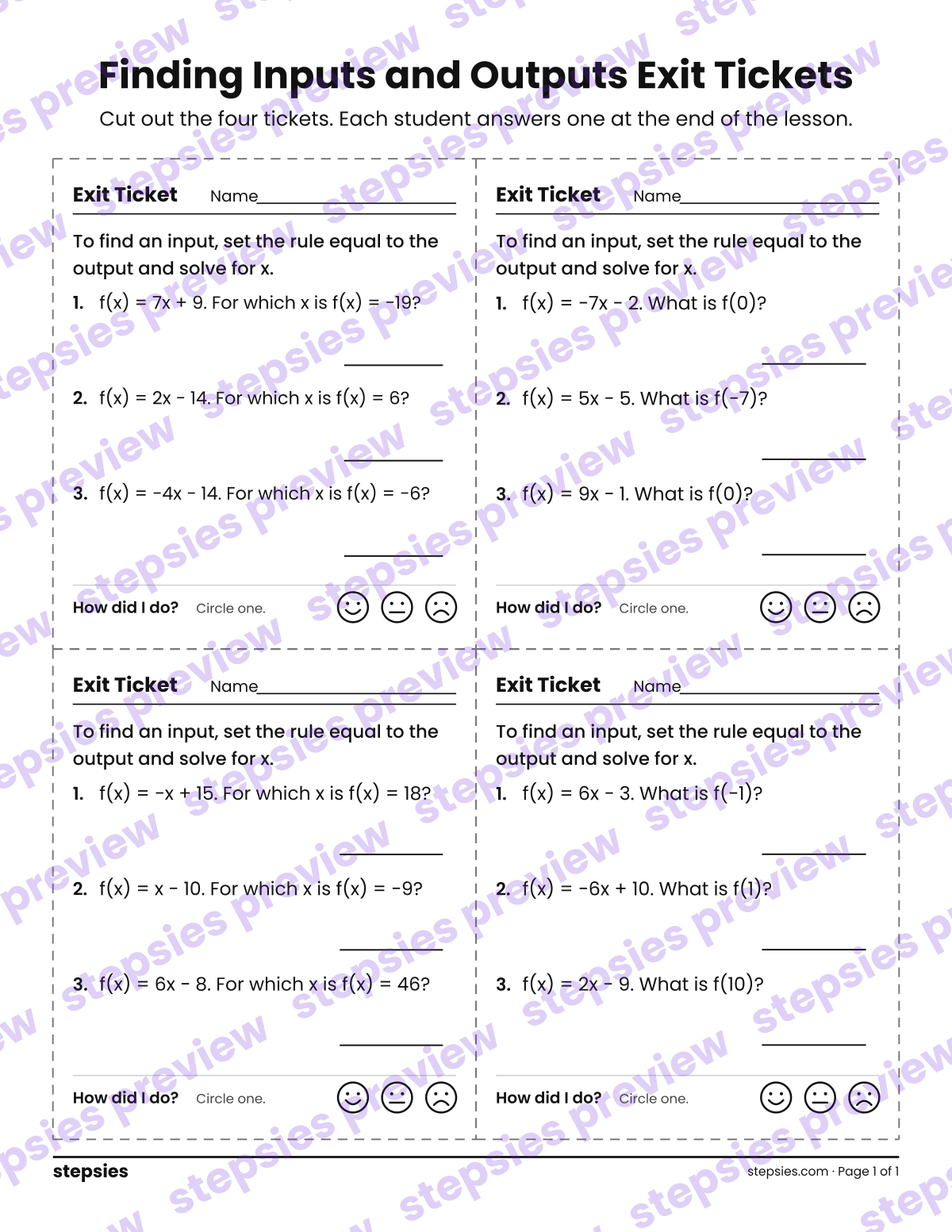 Finding Inputs and Outputs Exit Tickets: page 1 of a printable Grade 8 Math worksheet