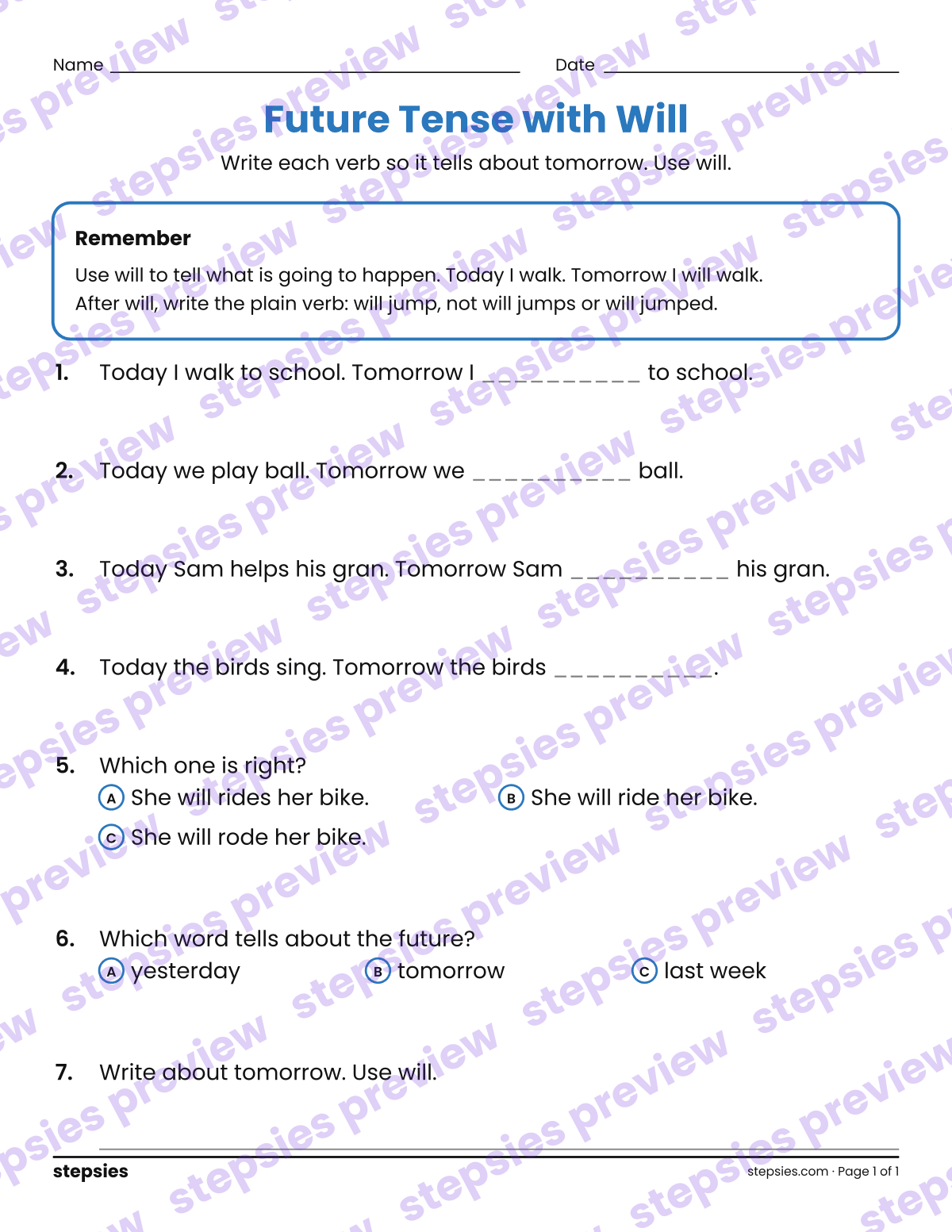 Future Tense with Will: page 1 of a printable Grades 1 and 2 Language worksheet