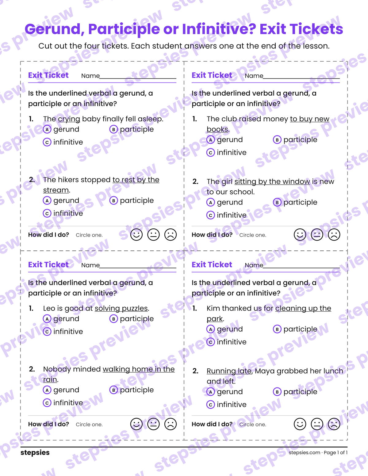 Gerund, Participle or Infinitive? Exit Tickets: page 1 of a printable Grade 8 Language worksheet