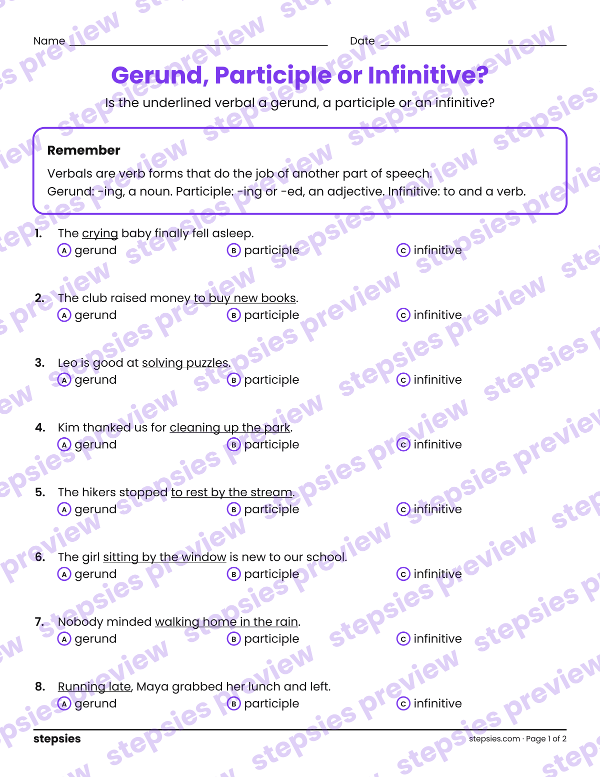 Gerund, Participle or Infinitive?: page 1 of a printable Grade 8 Language worksheet