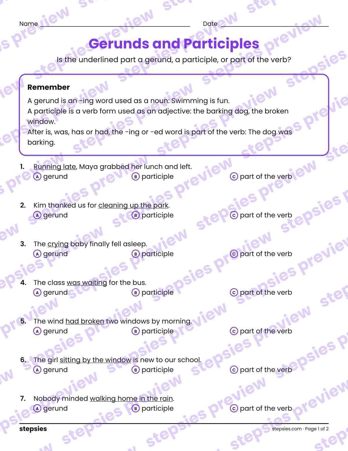 Gerunds and Participles: page 1 of a printable Grades 6–8 Language worksheet