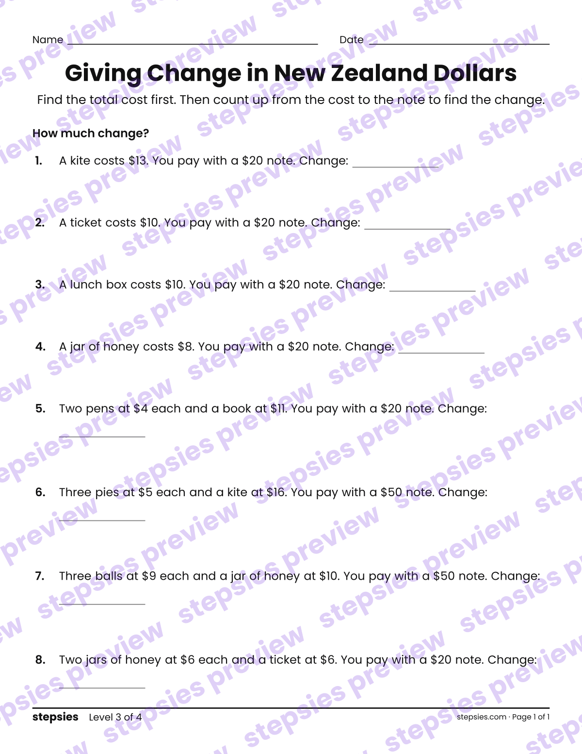 Giving Change in New Zealand Dollars: page 1 of a printable Grades 2 and 3 Math worksheet