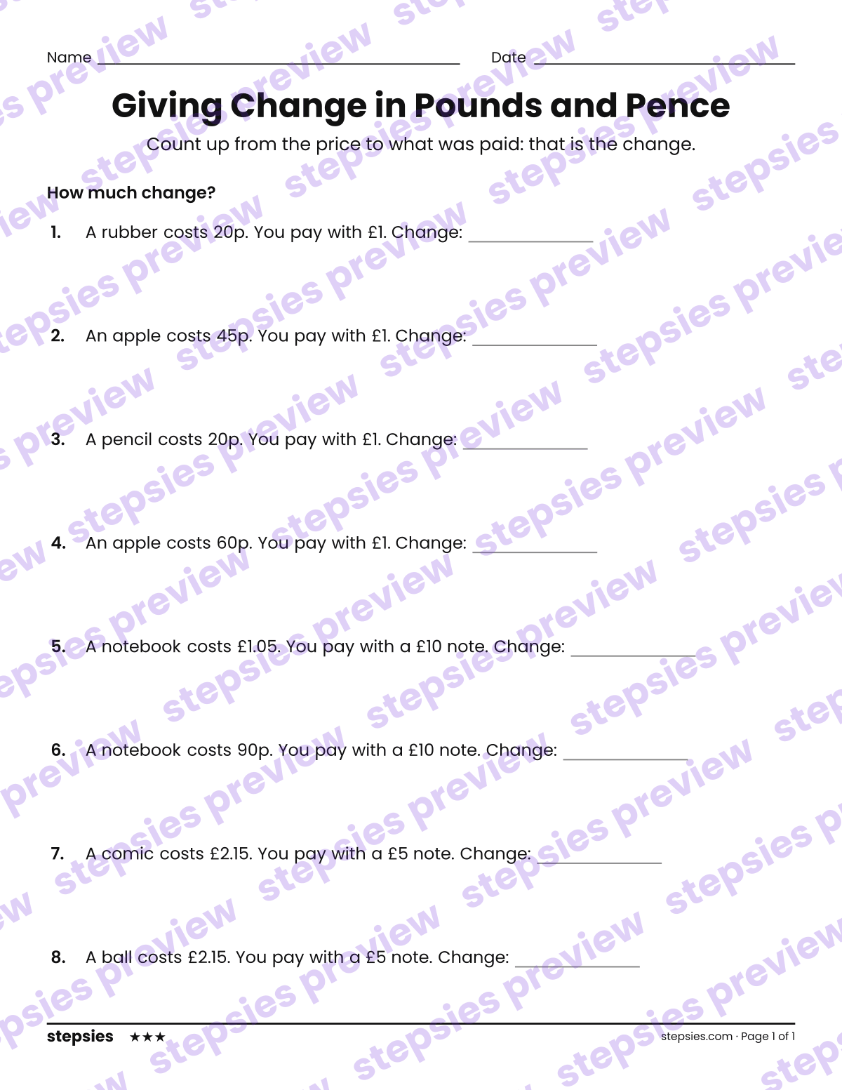 Giving Change in Pounds and Pence: page 1 of a printable Grades 2 and 3 Math worksheet