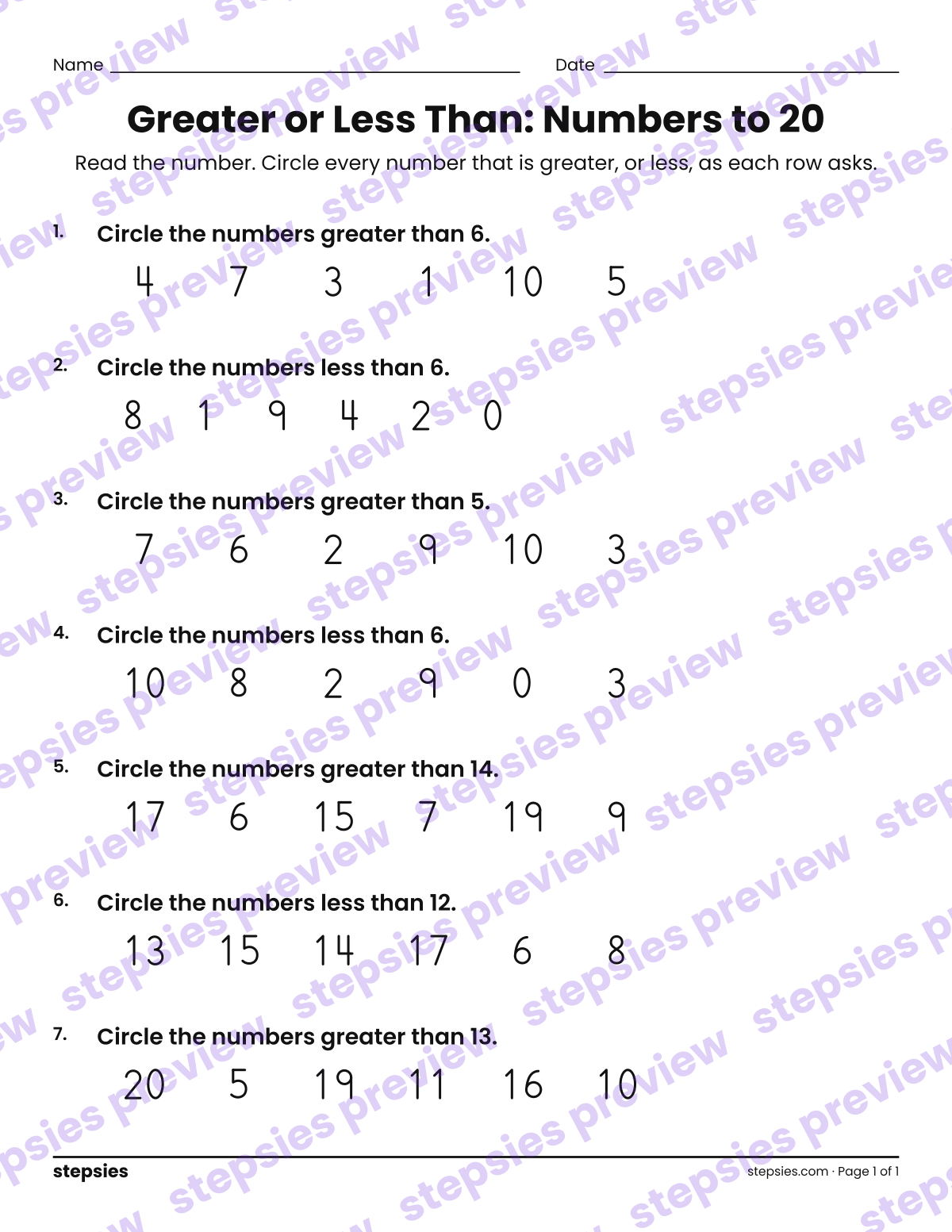 Greater or Less Than: Numbers to 20: page 1 of a printable Kindergarten Math worksheet