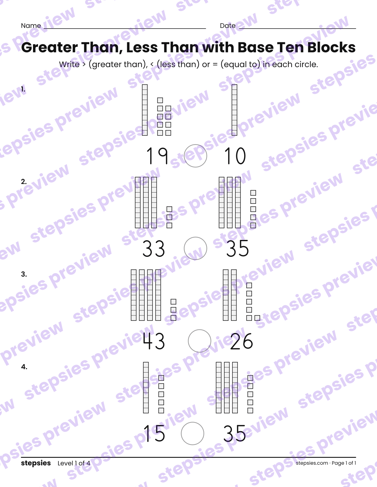 Greater Than, Less Than with Base Ten Blocks: page 1 of a printable Grade 1 Math worksheet