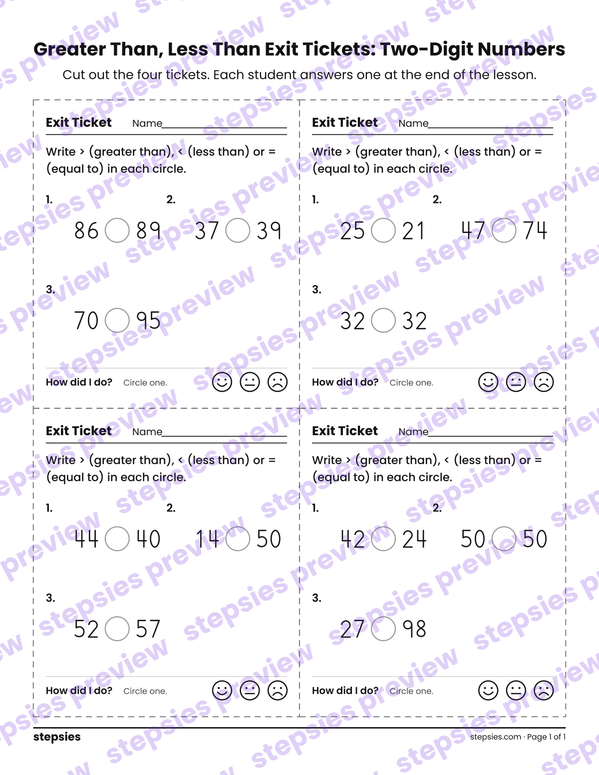 Greater Than, Less Than Exit Tickets: Two-Digit Numbers: page 1 of a printable Grade 1 Math worksheet
