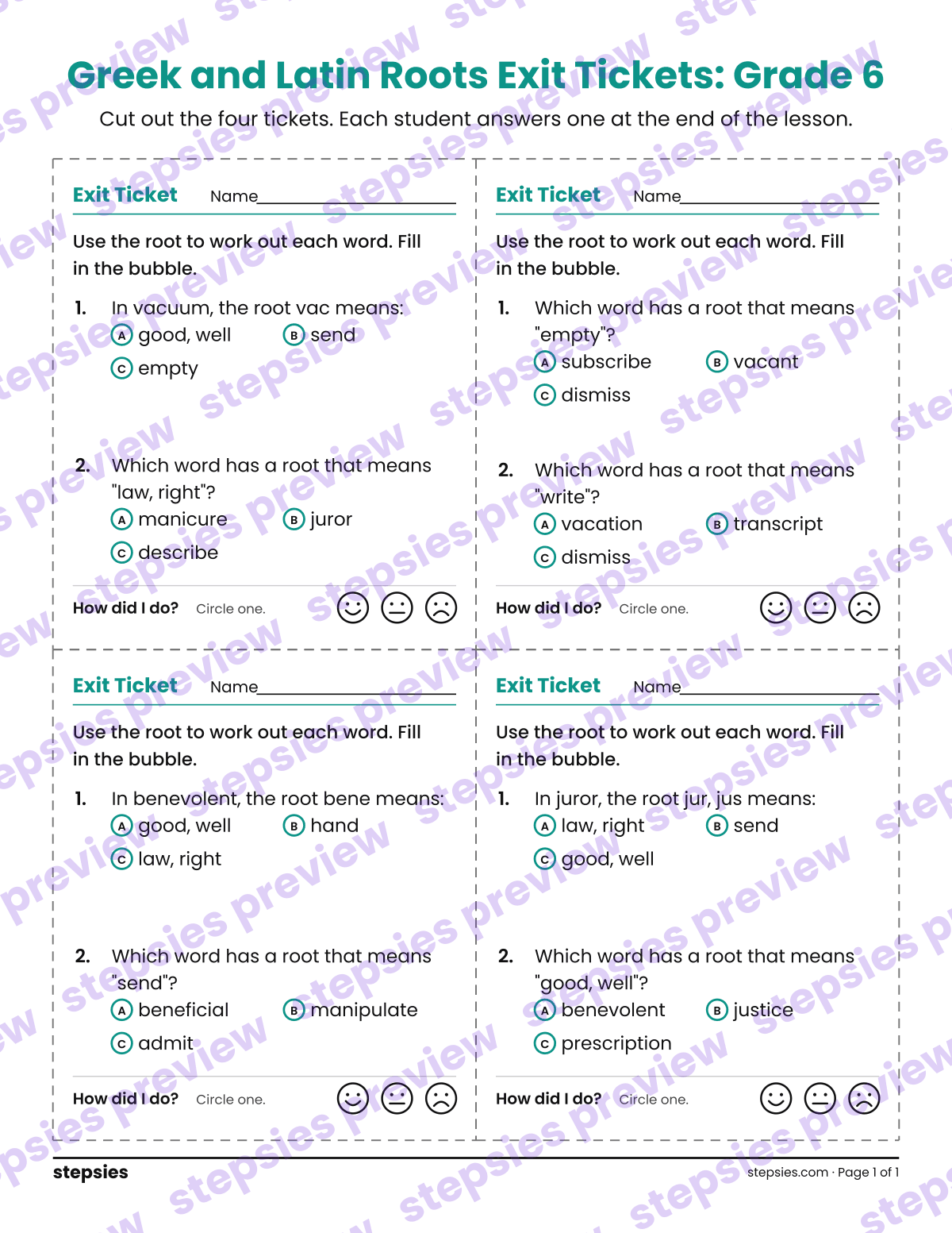 Greek and Latin Roots Exit Tickets: Grade 6: page 1 of a printable Grade 6 Language worksheet
