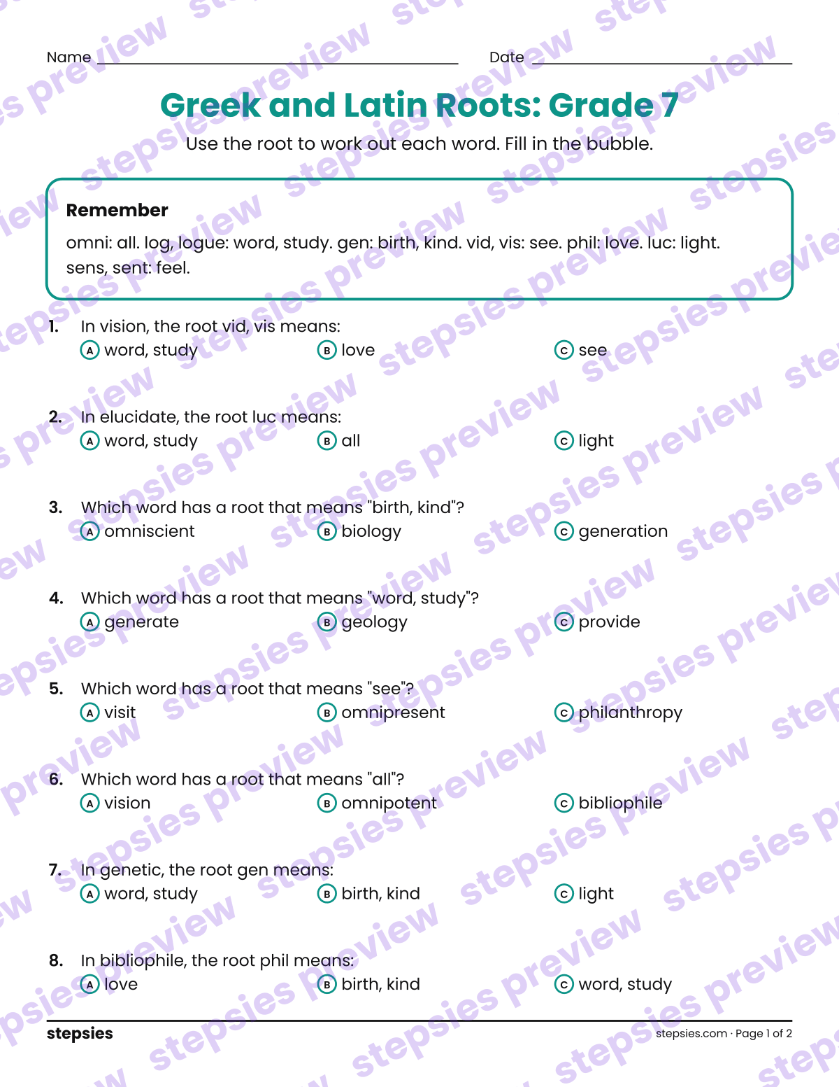 Greek and Latin Roots: Grade 7: page 1 of a printable Grade 7 Language worksheet