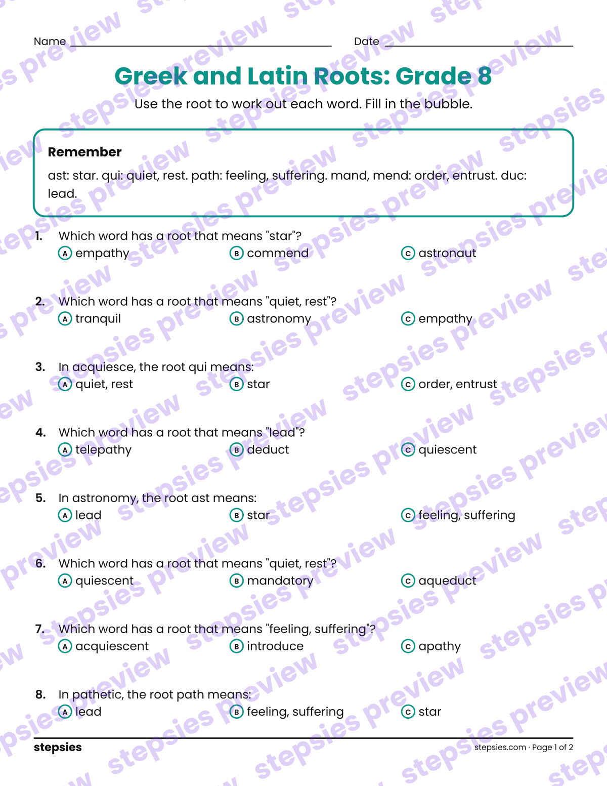 Greek and Latin Roots: Grade 8: page 1 of a printable Grade 8 Language worksheet