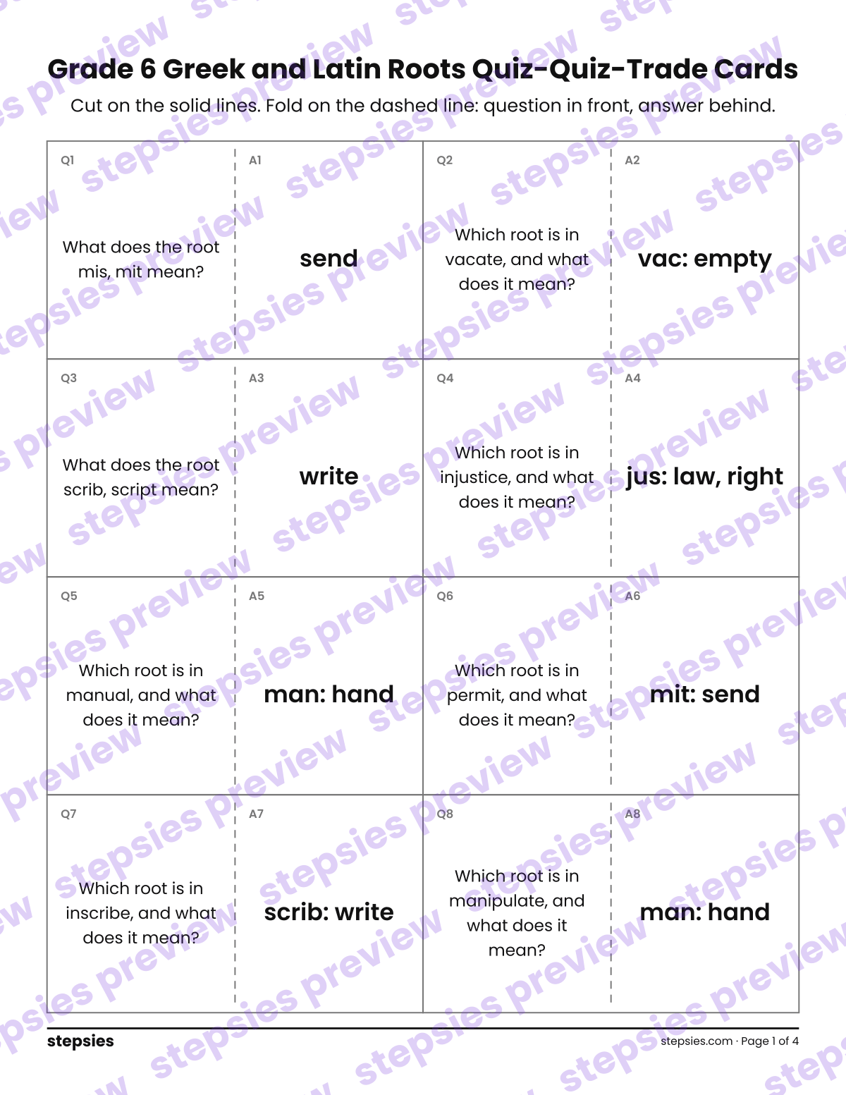 Grade 6 Greek and Latin Roots: Quiz-Quiz-Trade Cards: page 1 of a printable Grade 6 Language worksheet