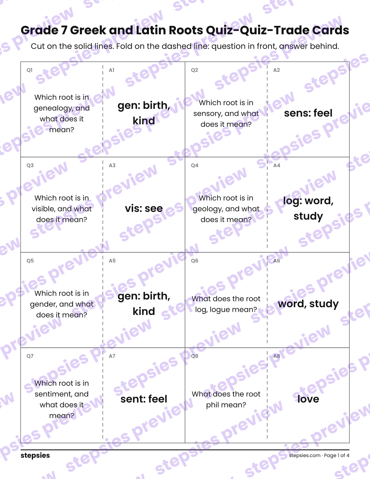 Grade 7 Greek and Latin Roots: Quiz-Quiz-Trade Cards: page 1 of a printable Grade 7 Language worksheet