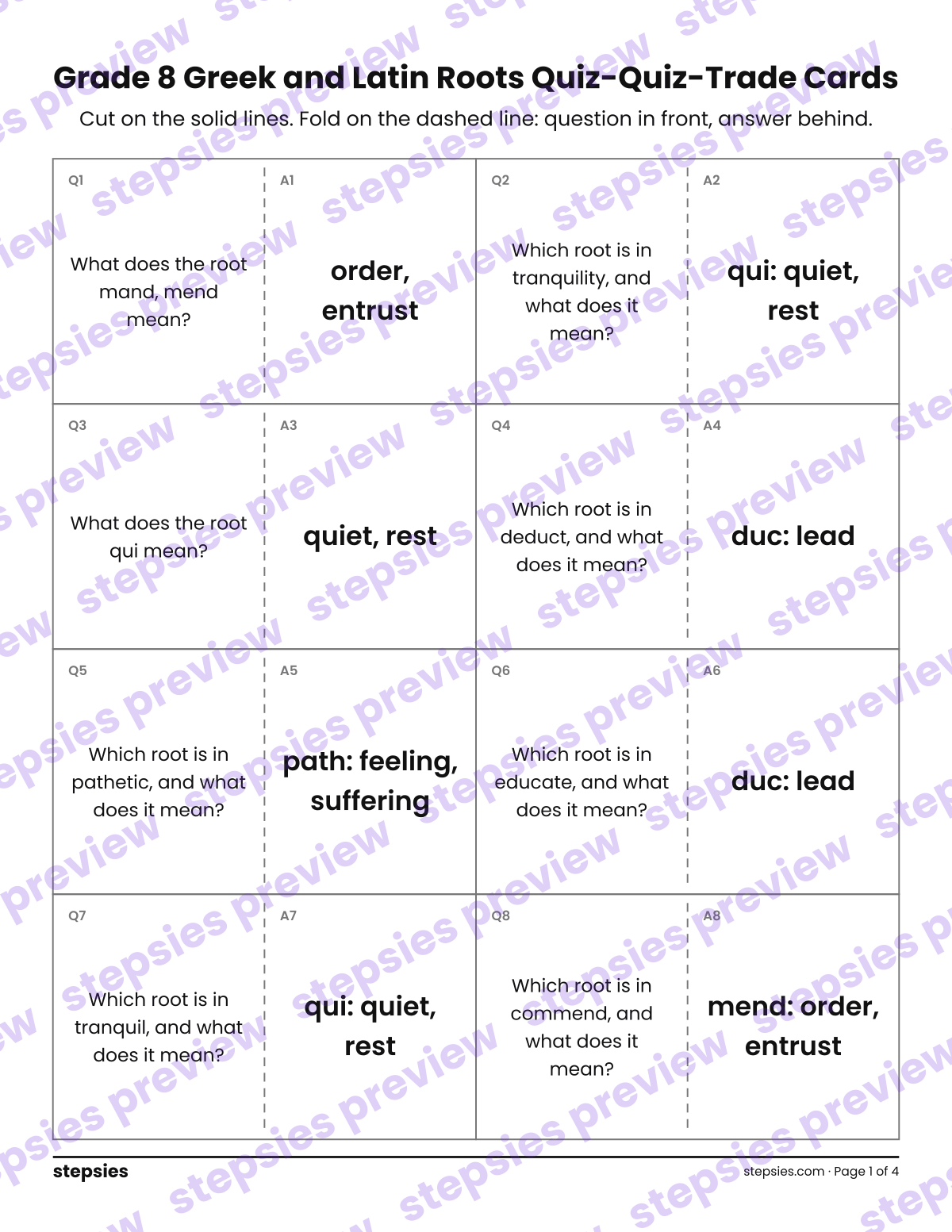 Grade 8 Greek and Latin Roots: Quiz-Quiz-Trade Cards: page 1 of a printable Grade 8 Language worksheet