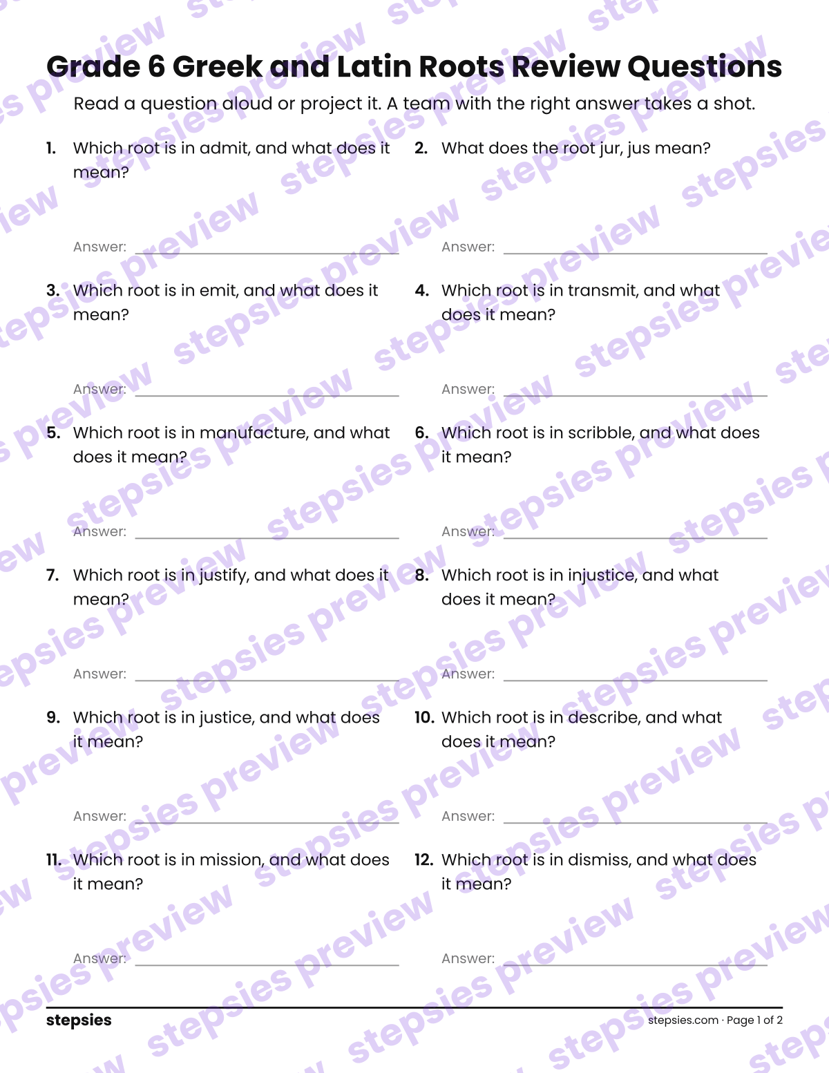 Grade 6 Greek and Latin Roots: Trashketball Review Questions: page 1 of a printable Grade 6 Language worksheet