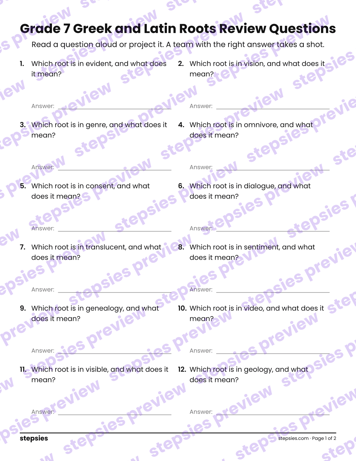 Grade 7 Greek and Latin Roots: Trashketball Review Questions: page 1 of a printable Grade 7 Language worksheet