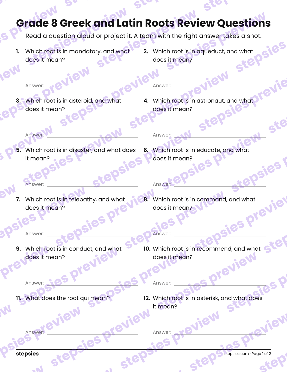 Grade 8 Greek and Latin Roots: Trashketball Review Questions: page 1 of a printable Grade 8 Language worksheet