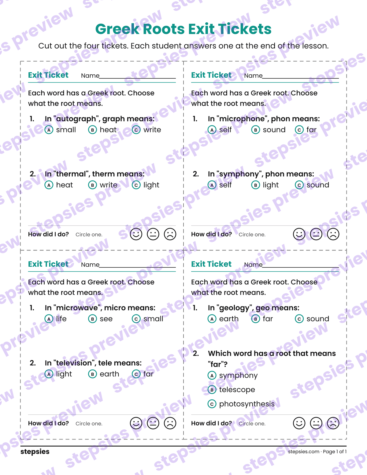 Greek Roots Exit Tickets: page 1 of a printable Grades 5–8 Language worksheet