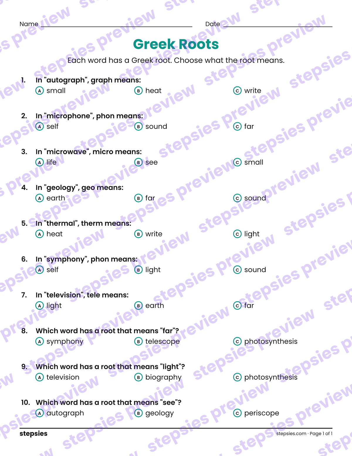 Greek Roots: page 1 of a printable Grades 5–8 Language worksheet